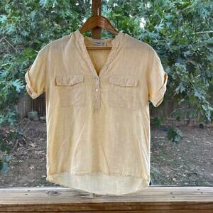 Cottonworld Women's Vintage Yellow 100% Linen Short Sleeve Top Size XS